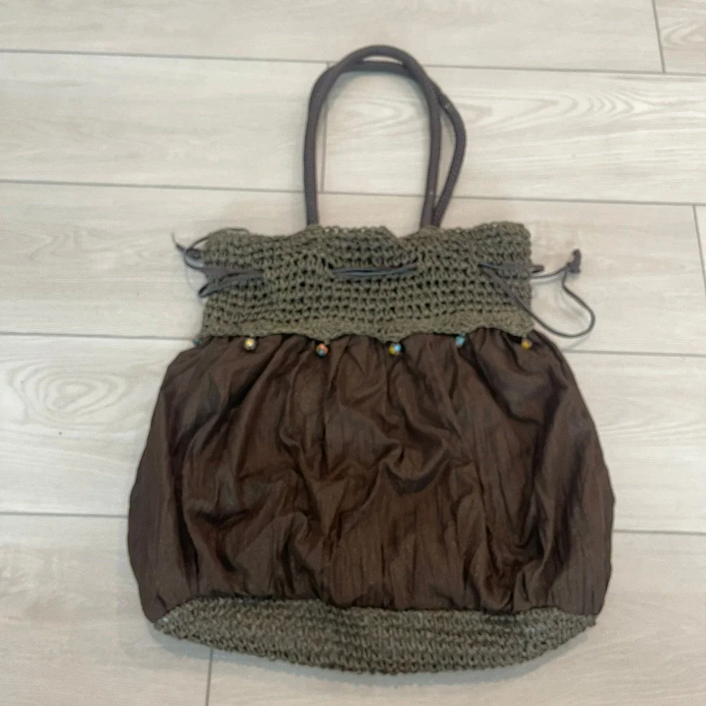 Bohemian Crochet Knit Bag Women Brown Beaded Drawstring Hobo Boho Fairycore Y2k‎